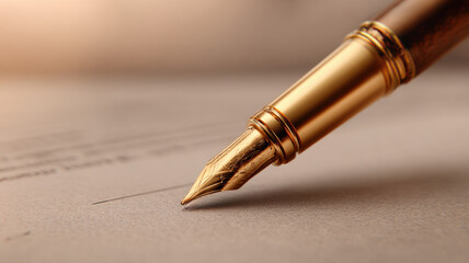 A golden fountain pen elegantly writing on a textured paper