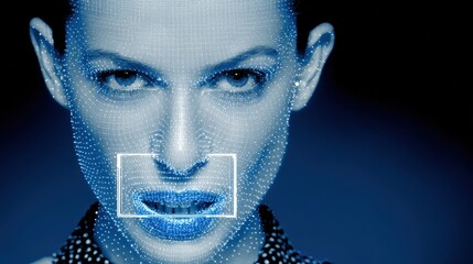 Woman's face with futuristic blue digital grid pattern for facial recognition