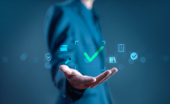 green check mark over a laptop, checklist review, verification process, symbolizing verification, approval, and digital document review. check of document, list survey, form business