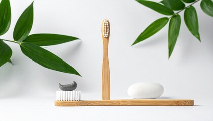 &ldquo;Eco-friendly bamboo toothbrushes with dark bristles on white surface, one upright in holder, one lying flat, with green plant accent&rdquo;