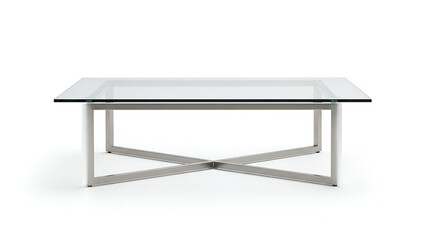 Sleek, rectangular coffee table with transparent glass top and crossed metal legs