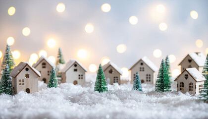 Minimal miniature Christmas village scene with small wooden houses, snowy trees and warm bokeh lights, festive winter background with Merry Christmas text for holiday cards and designs.