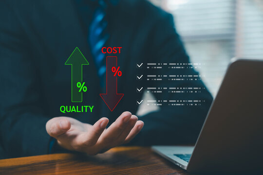 arrow high quality and low cost, efficiency improvement, and performance optimization. Concept of increase quality and reduce cost in Business for better organizational results digital technology.