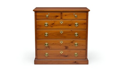 Wooden chest of drawers with six drawers, brass hardware, and a natural wood finish