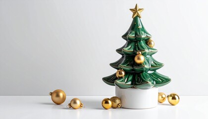 &ldquo;Small decorative Christmas tree with gold ornaments and star in white pot on white surface and background&rdquo;
