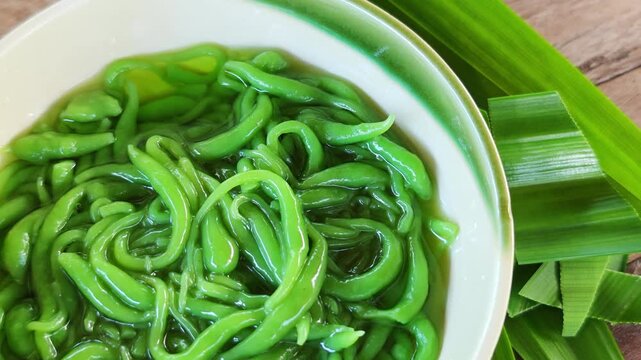 Thai Lod Chong with coconut milk and pandan leaves