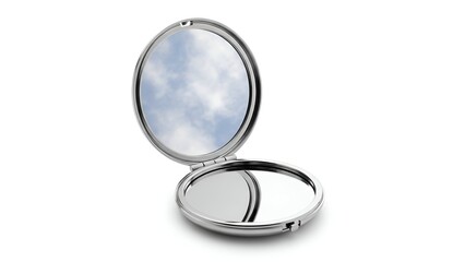 Fototapeta premium Open silver compact mirror reflecting a cloudy blue sky against a white background