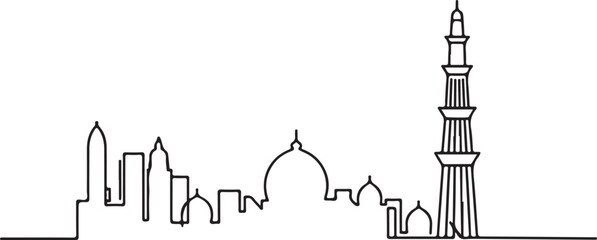Obraz premium Continuous line illustration of the Delhi skyline with Qutub Minar in a minimal elegant outline drawing