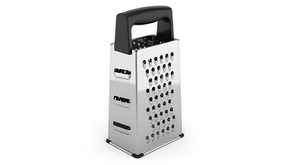 Shiny stainless steel box grater with black handle. Side view on white