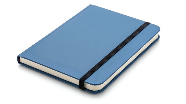 A closed, light blue, rectangular notebook with a black elastic band on a white background (1)