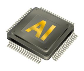 A computer chip, featuring the golden letters AI. Artificial intelligence chip illustration, isolated on transparent, 3D.