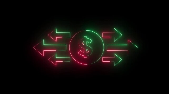 Vivid neon dollar-sign animation with glowing red and green arrows pointing left and right, representing financial flow, business direction, and market movement on a dark background