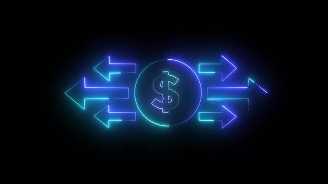 Glowing neon animation of dollar signs with left and right directional arrows in vivid cyan and blue, illustrating business movement and financial chart concepts on a dark background