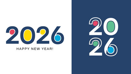 Set of 2026 Happy New Year logo designs with colorful typography. Modern vector graphic for festive celebration invitations or banners