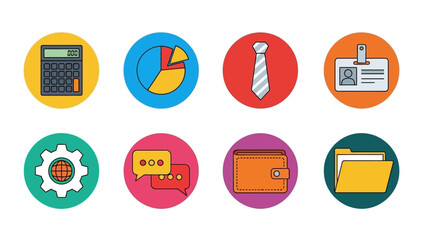 Colorful collection of flat design business icons representing finance, corporate management, data analytics, and communication for modern web design