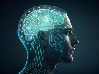 Futuristic human head silhouette with glowing digital brain and circuitry overlay
