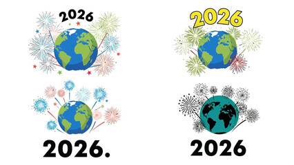 Set of four global celebration vector icons for the New Year 2026 featuring Earth and festive fireworks, isolated on a white background