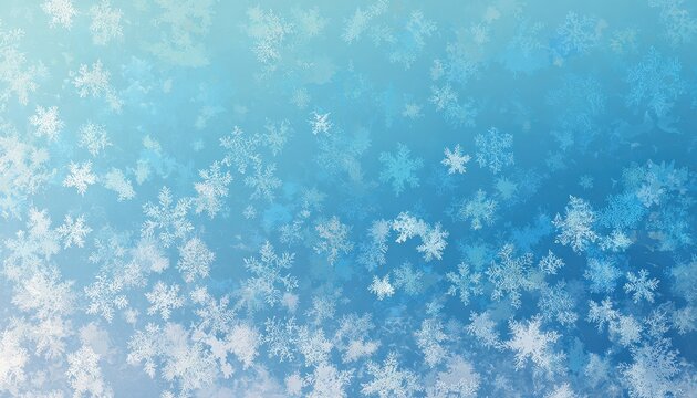 Many white detailed snowflakes drift across a bright blue gradient background
