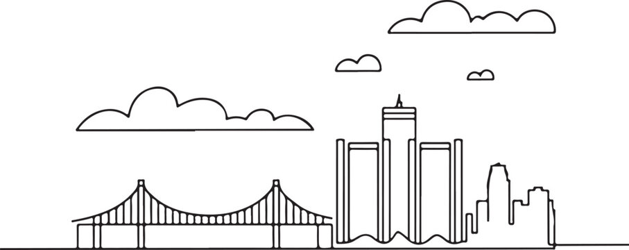 Continuous Line Art of Detroit Skyline with Ambassador Bridge Minimal Outline City Illustration