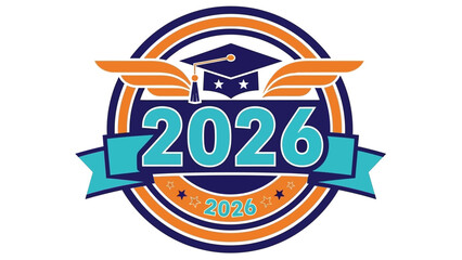 Class of 2026 graduation logo design with a winged mortarboard cap inside a circular crest. School or university graduate concept