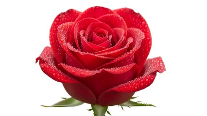 A close-up of a vibrant red rose in full bloom, adorned with glistening water droplets