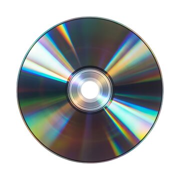 A shiny compact disc with rainbow reflections against a plain white background in a close up view