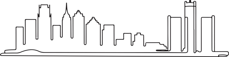 Continuous Line Art of Detroit Skyline with Riverfront Promenade Outline Minimal City Illustration