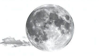 A photorealistic, detailed grayscale image of the moon with craters and clouds against white