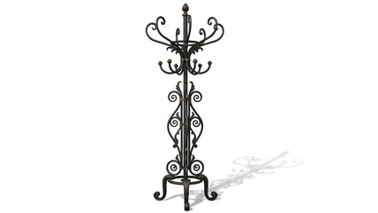 Ornate, tall wrought-iron coat rack, detailed with scrolling vines and bulbous accents