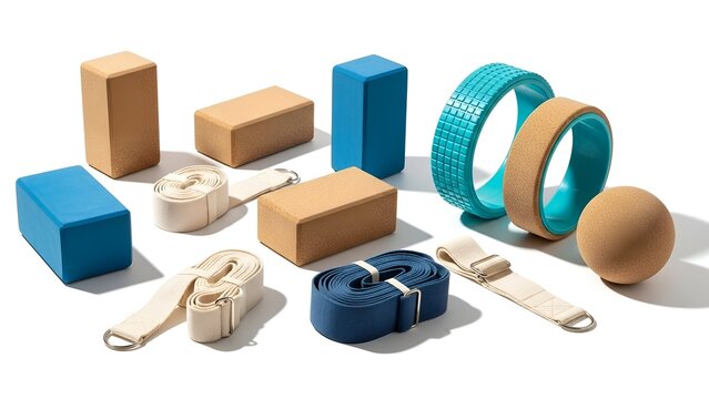 Various yoga accessories, blocks, straps, roller, and ball arranged against a white backdrop