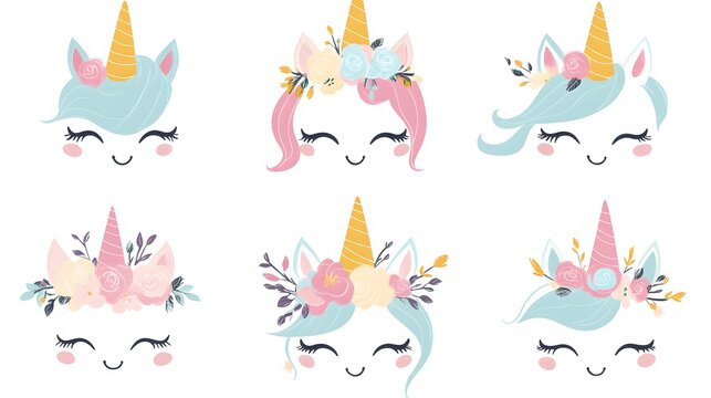 Six cute unicorn faces perfect for childrens books, party decorations, stationery, apparel, and more with whimsical and magical themes.