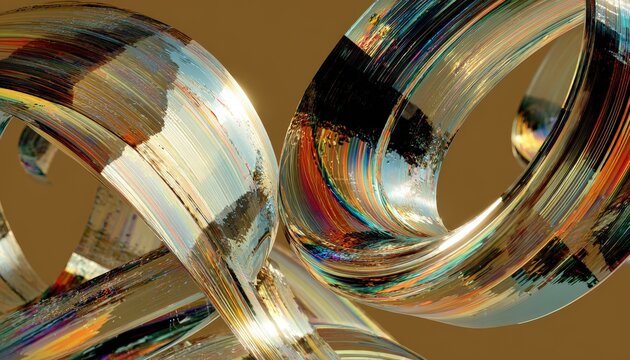Iridescent, swirling ribbons of abstract light flow across a muted background
