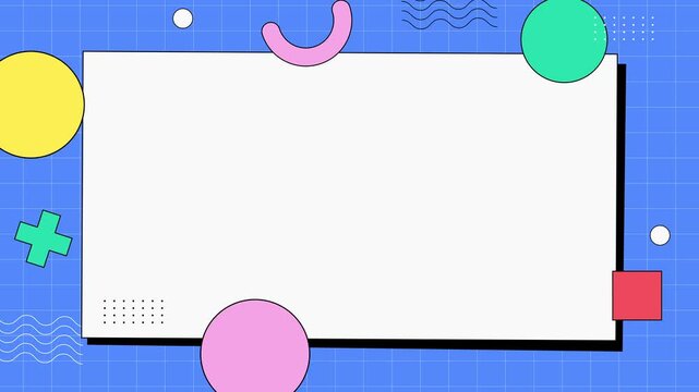 Colorful Memphis geometric background with copy space frame for text or title. Perfect for intro, presentation, template, opener, or playful creative projects.