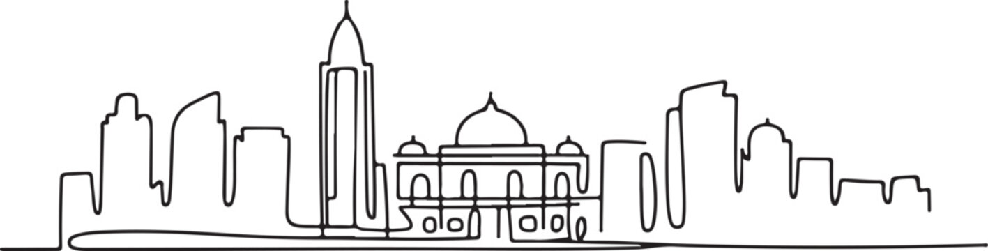 Continuous Line Art of Dhaka Skyline with Ahsan Manzil, Minimal Outline City Illustration for AI Design