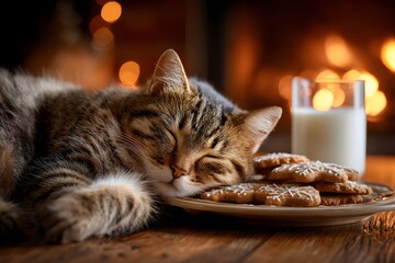 Cozy Christmas night scene with a sleeping tabby kitten resting near a plate of snowflake gingerbread cookies and milk, illuminated by warm golden bokeh lights.