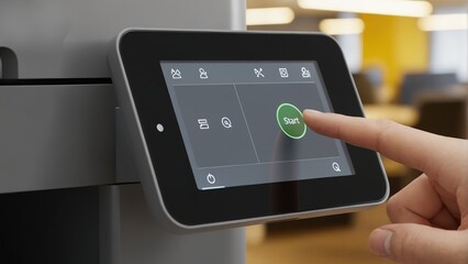 Finger pressing start button on printer touchscreen