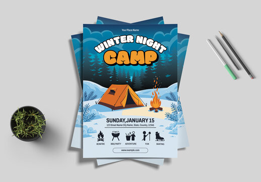 Adventure Winter Night Camping Event Flyer Design For Outdoor Activities