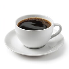 Fototapeta premium A close up shot of a white cup filled with black coffee sitting on a white saucer on white background