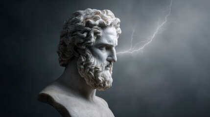 Ancient God in Awe: A majestic marble bust of a revered god, his stoic face illuminated by a bolt of celestial lightning, evokes a sense of divine power and timeless wonder.