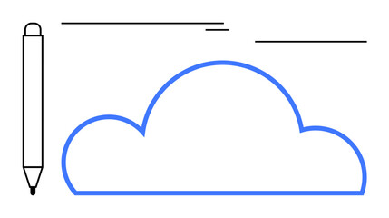 Cloud shape in blue outline paired with pen and bold lines, representing cloud technology, creativity, innovation, and digital tools. Ideal for tech, learning, design, productivity minimalism cloud