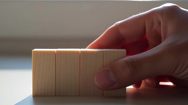 A close up cinematic shot of a person's hand stacking wooden blocks together to form a horizontal line, symbolizing construction and growth