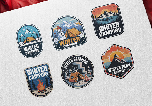 Winter Camping Badge Set Design Collection For Travel And Hiking