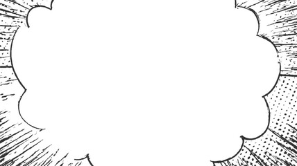 Black and white comic book style speech bubble with radial lines and halftone dots abstract background 1