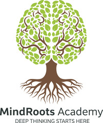 MindRoots Academy logo with a tree and roots visual vector illustration 