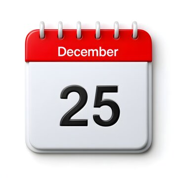 A three dimensional render of a desk calendar displaying December 25th on a bright white page with a vivid red header