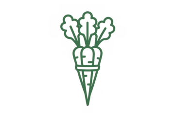 Carrots with leafy tops forming an ice cream scoop inside a wafer cone. Line art illustration promoting healthy eating