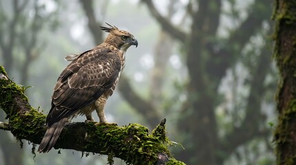 A brown eagle perched on a mossy tree branch in a forest with a blurred background, looking to the right with a shallow depth of field, conveying a calm and serene mood.