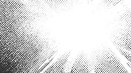 Black and white halftone pattern radiating from a central white space abstract background