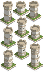 Set of large cylindrical castle towers. Isometric. Isolated on white background. Vector illustration. © caryblade