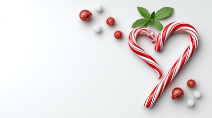 Sweet Embrace: Festive Candy Canes Forming a Heart: Two candy canes artfully arranged in the shape of a heart, accented with festive red and white embellishments, against a light backdrop.